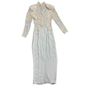 Vtg BLACK TIE HE-RO silk beaded sequin Dress long sleeve Maxi Gown Wedding Sz 6